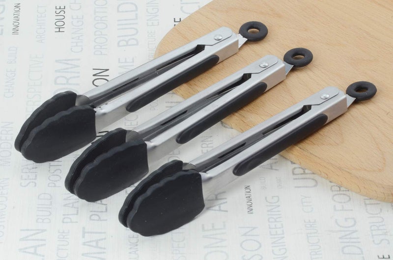 HINMAY Small Serving Tongs with Silicone Tips 7 Inch Mini Stainless Steel Food Tongs, Set of 3 (Black) - Image 5